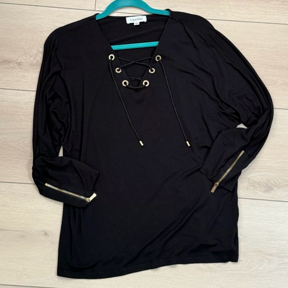 Calvin Klein Black Lace-Up Top with Gold Accents Size Medium